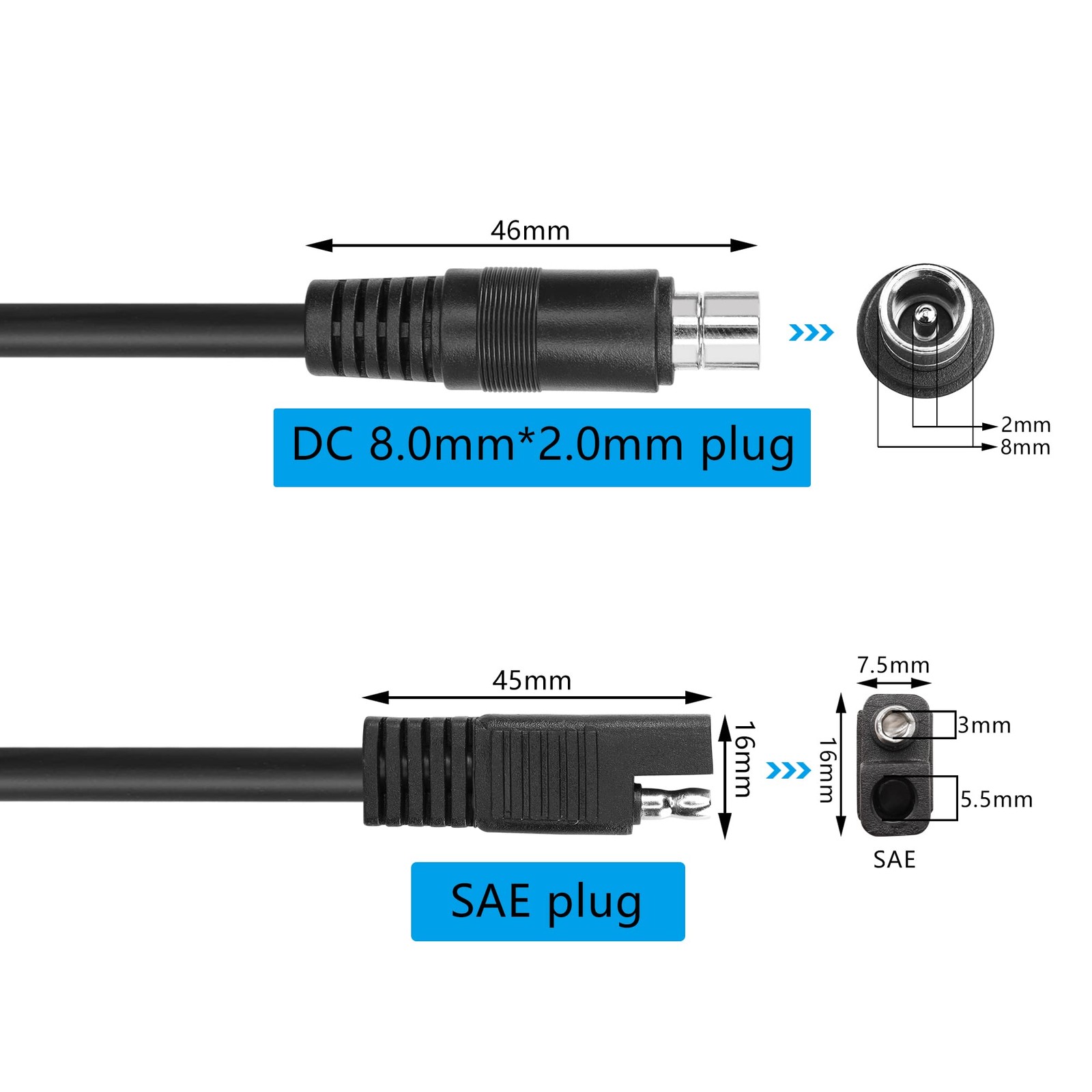 24V DC8mm to SAE Extension Cable DC 8.0mm x 2.0mm Male Plug to SAE Solar Adap…