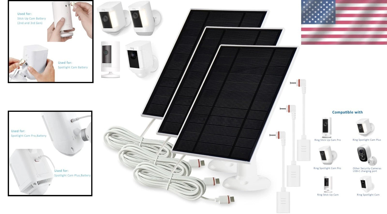 High Efficiency Solar Panel for Ring Cameras – 3 Pack