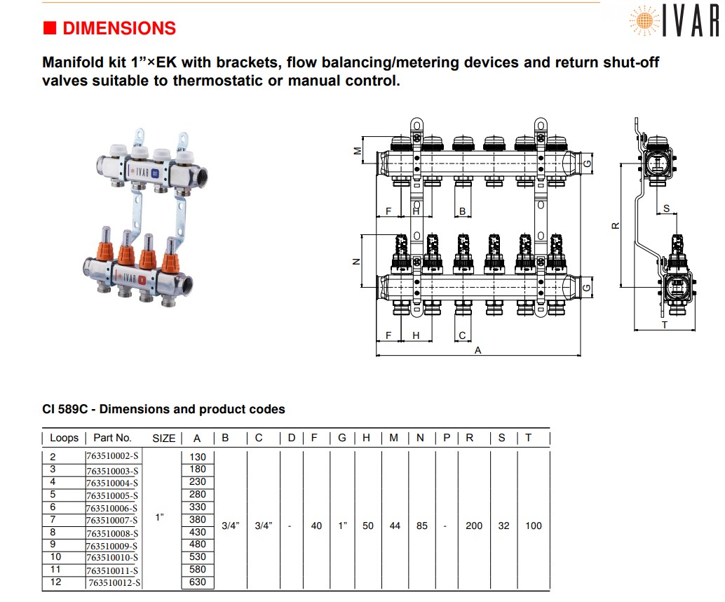 1″ IVAR Stainless Steel Hydronic Manifold for Radiant Floor Heating – 9 ports