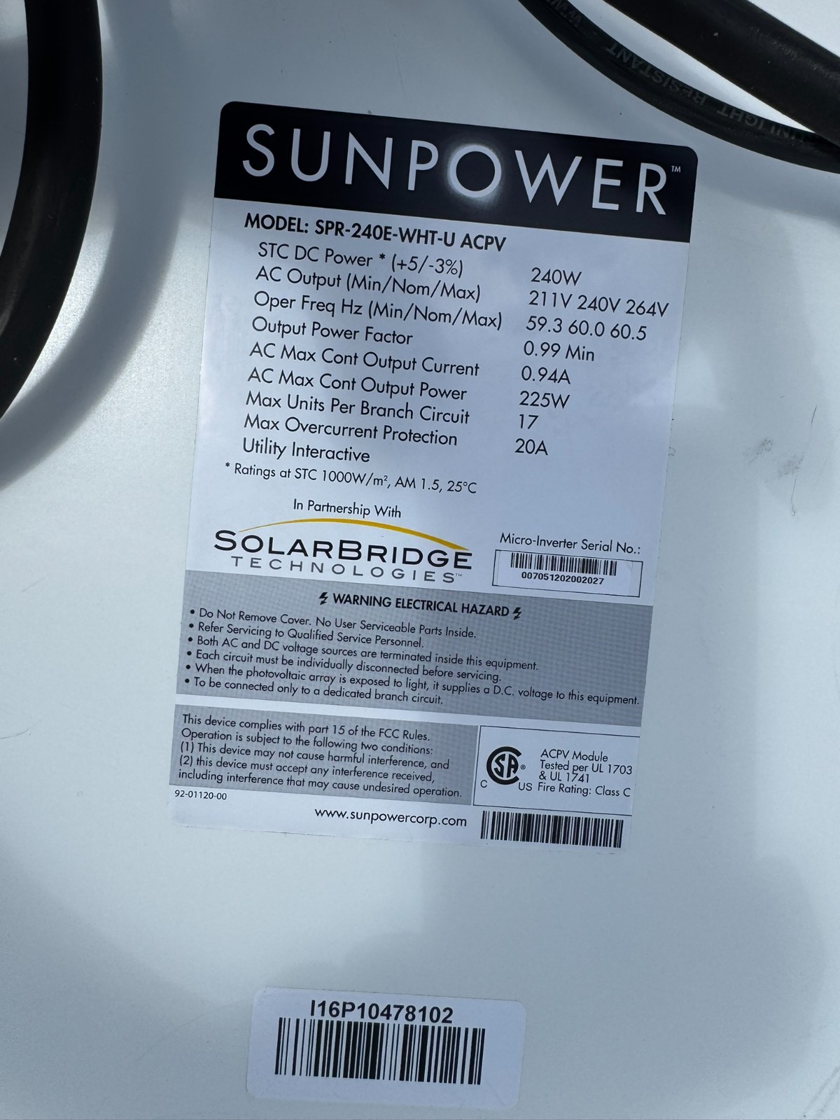 Sunpower Solar Panels 240W Lot of 20 Pieces. SPR-240E-WHT-U ACPV