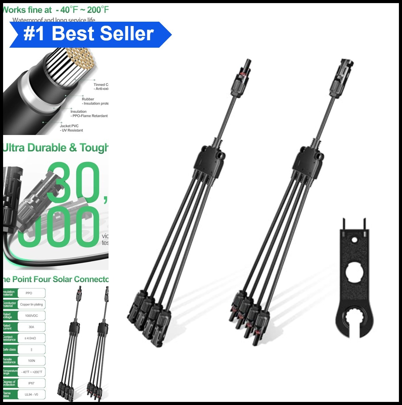 Solar Y Branch Connectors 1 to 4 Parallel 14AWG-10AWG PV Cable IP6 Waterproof