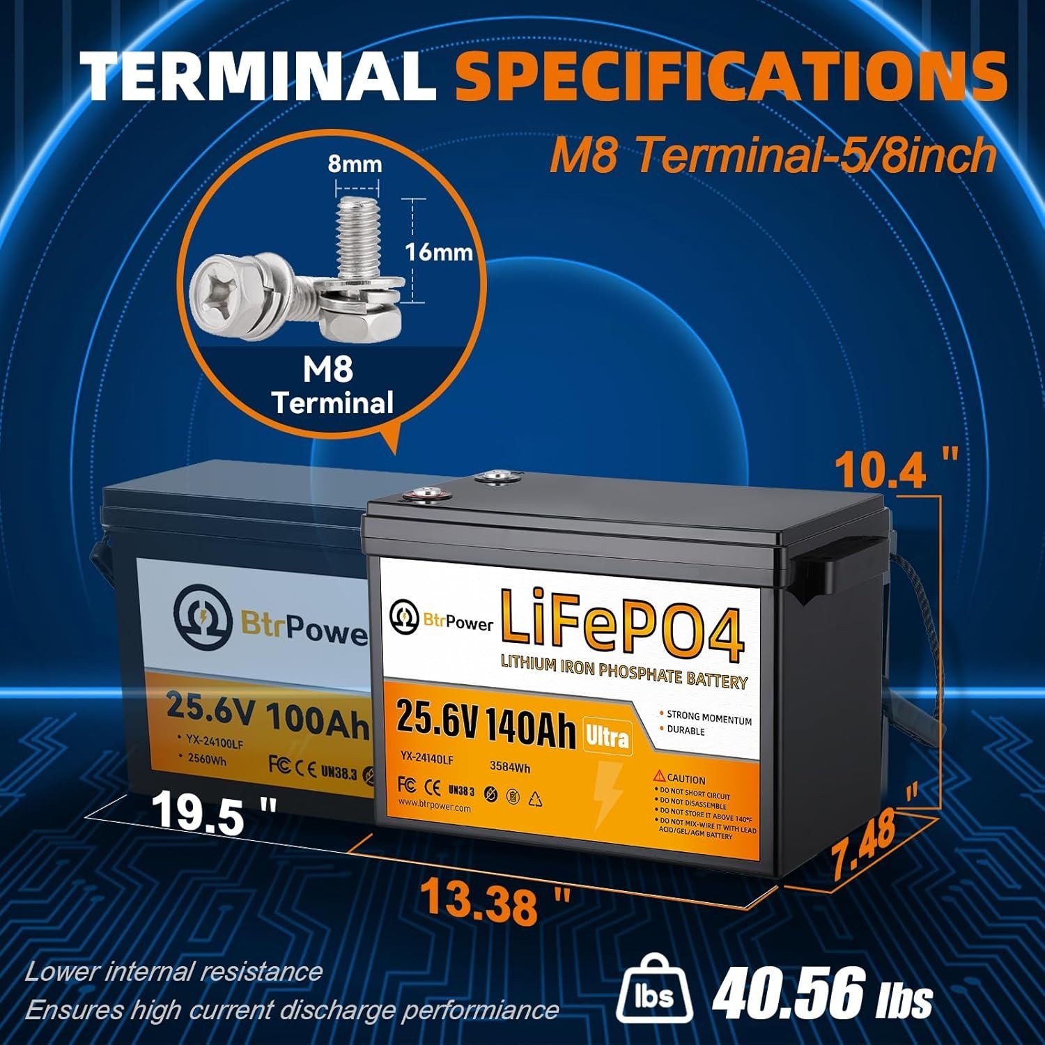 24V 140Ah LiFePO4 Lithium Battery Pack for RV Marine Solar System with 100A BMS