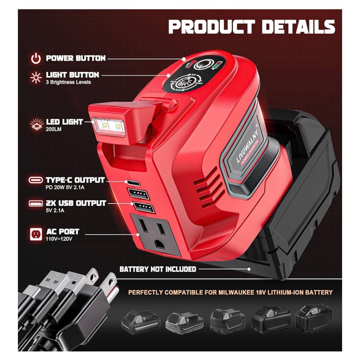 200W Power Inverter for Milwaukee 18V, DC 18V to AC 110-120V Battery Inverter…