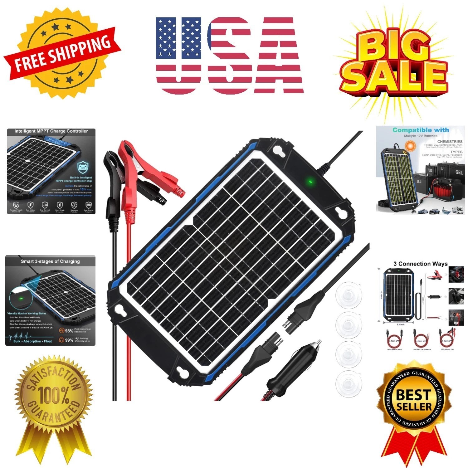 Waterproof 12W 12V Solar Battery Charger & Maintainer Pro, Built-in UltraSmar…