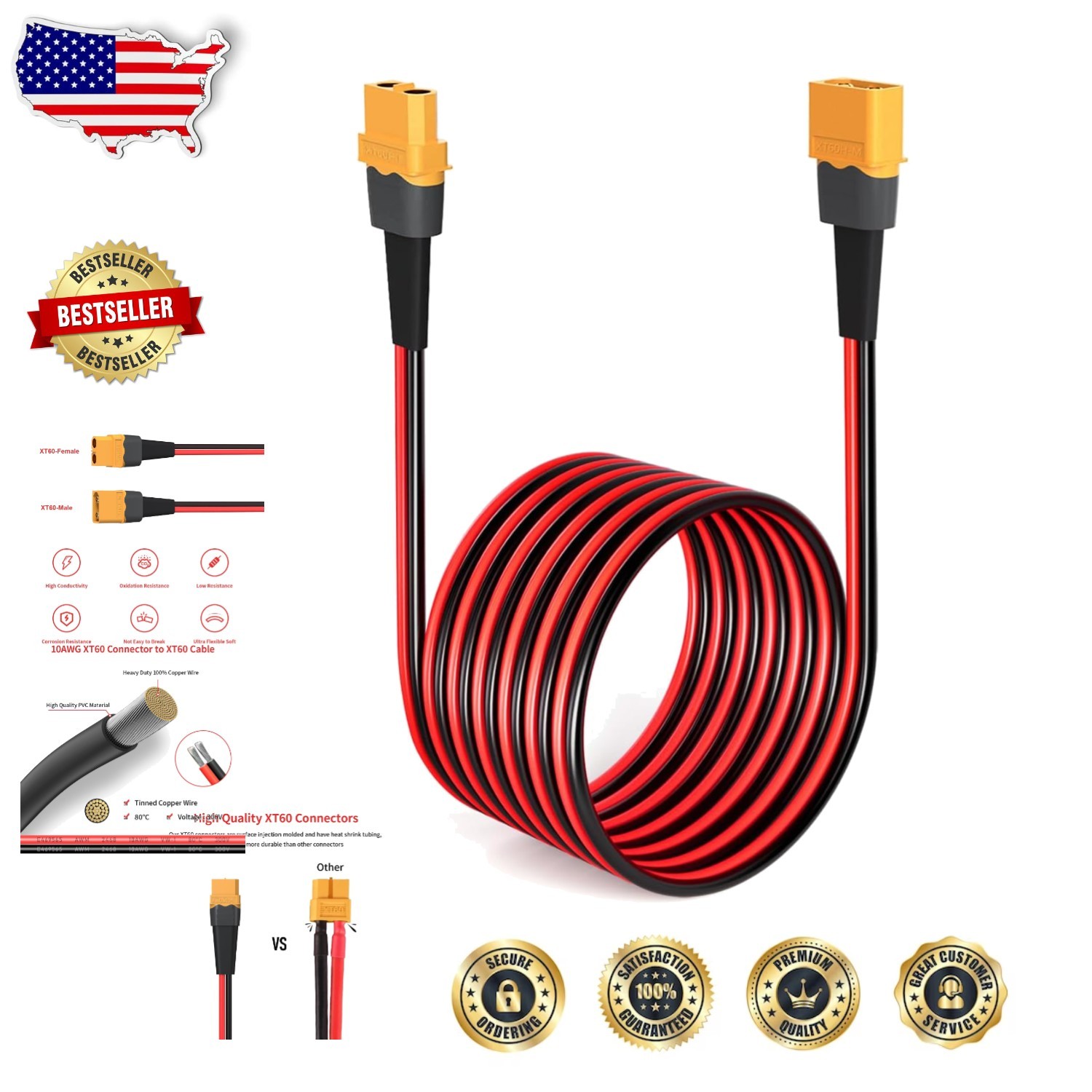 Heavy Duty 75ft 10AWG XT60 Extension Cable: Tinned Copper, Power Station Ready