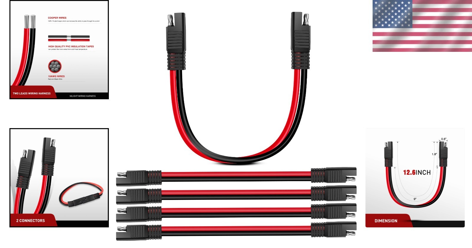 5 Pack Male to Male SAE Extension Cord 10 Gauge 12 Inch for Trickle Charging