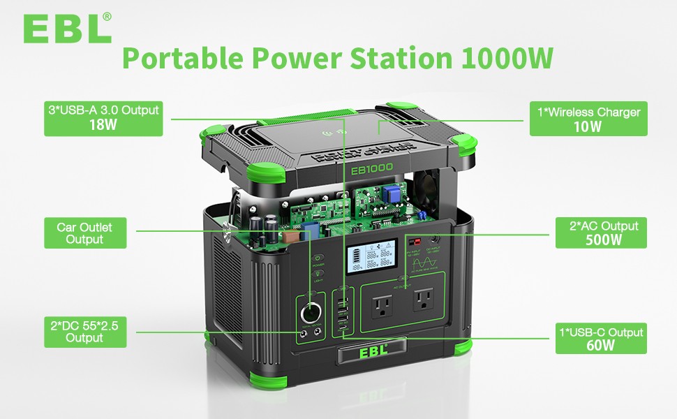 1000W 999Wh Power Station Portable Generator RV LiFePO4 Backup Battery Camping