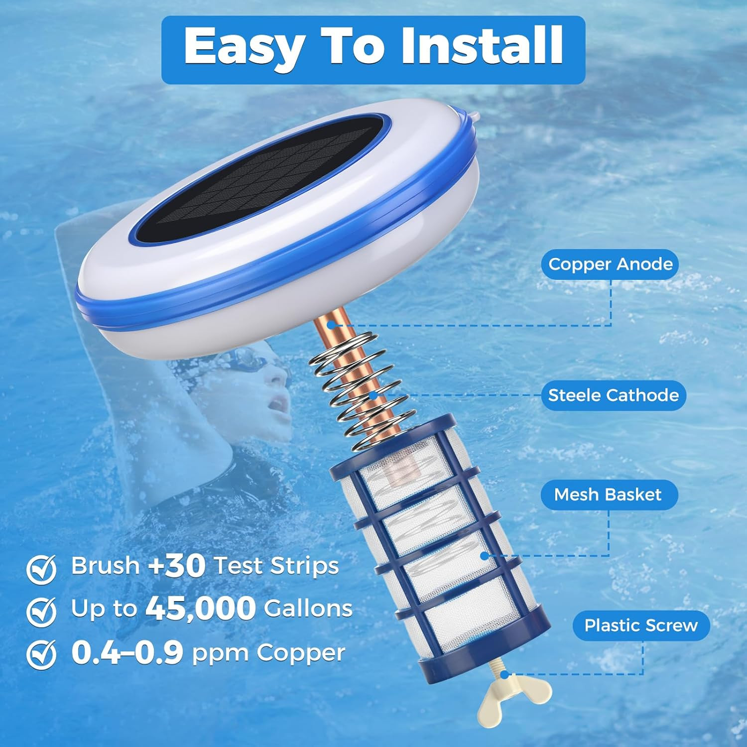 Solar Pool Ionizer, Upgraded 1.8W Solar Panel & Long-Lasting 1Lb Copper Anode, M