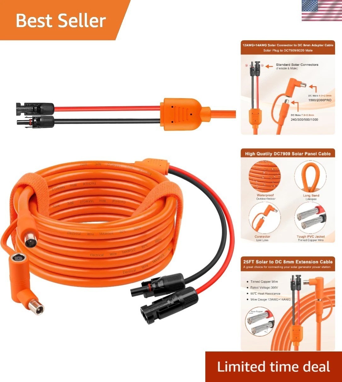 Solar to DC 8mm Charge Extension Cable 25FT,12AWG+14AWG Solar Cable with Sola…