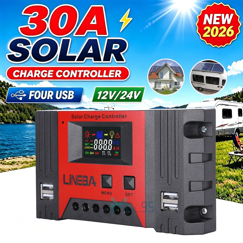 30A Solar Charge Controller PWM Regulator for 12V 24V Auto with 4 USB Ports LCD