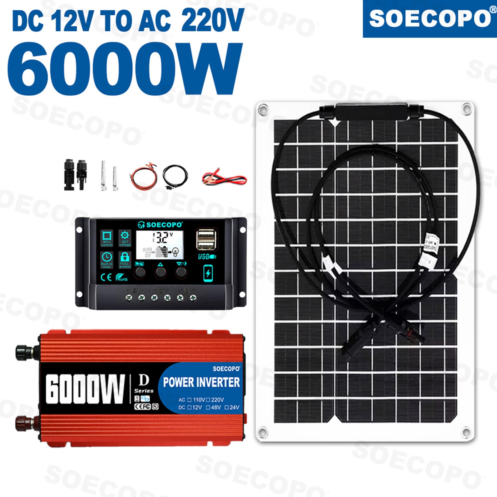 SOECOPO 6000W Solar System Complete Kit,12V DC to 110V/220V AC Inverter FlexibCP