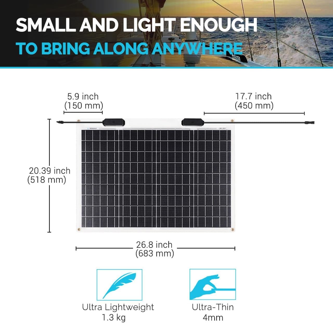 Renogy Flexible Solar Panel 50 Watt 12 Volt Monocrystalline Ultra-Flexible Benda
