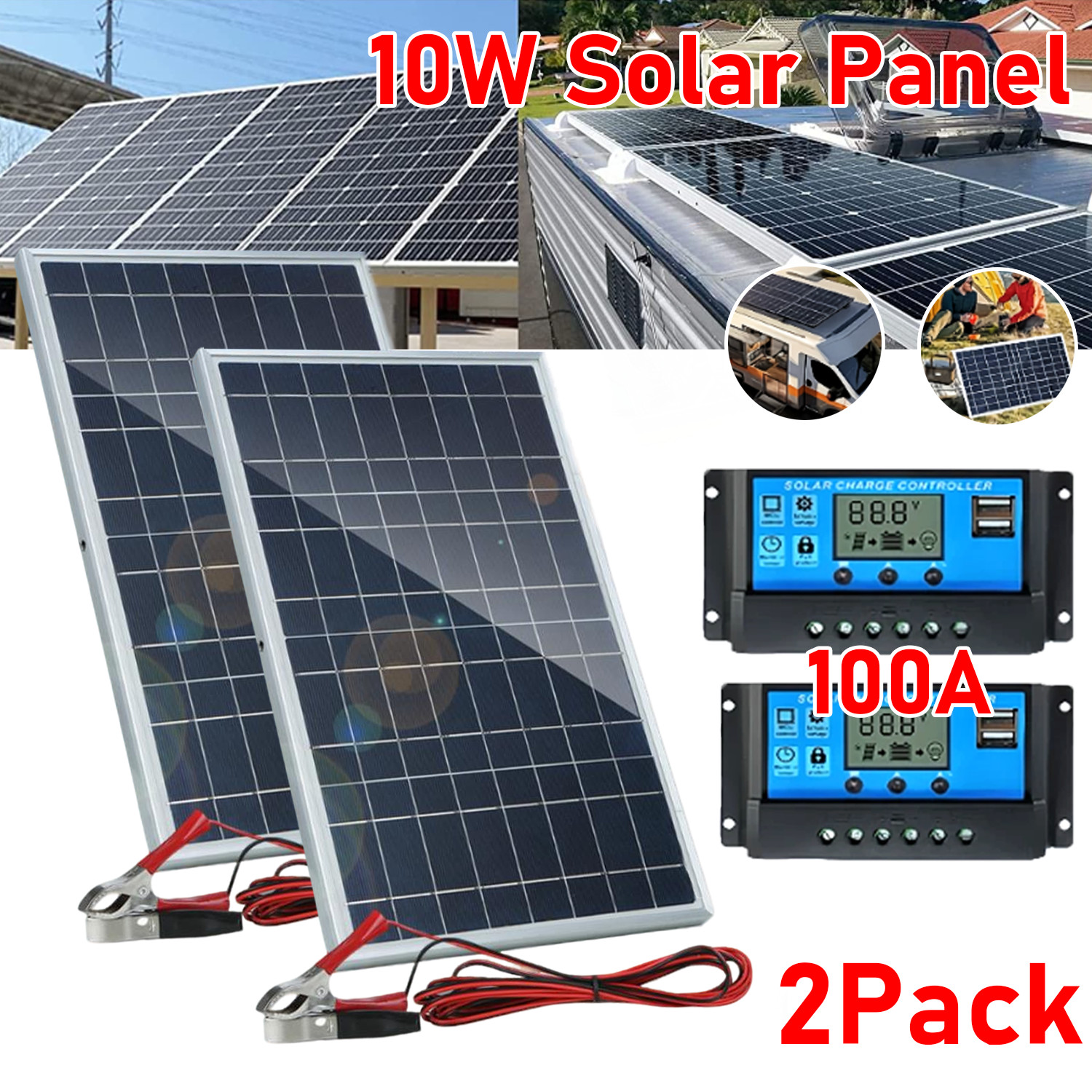 10W Solar Panel 12V Solar Battery Trickle Charger 100A W/ Controller Maintainer