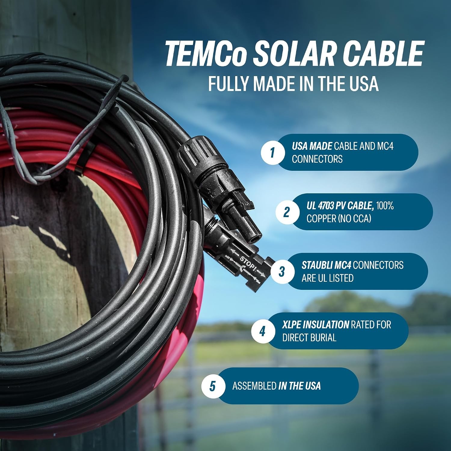 100 ft 10 AWG Solar Panel Extension Cable MC4 Connectors