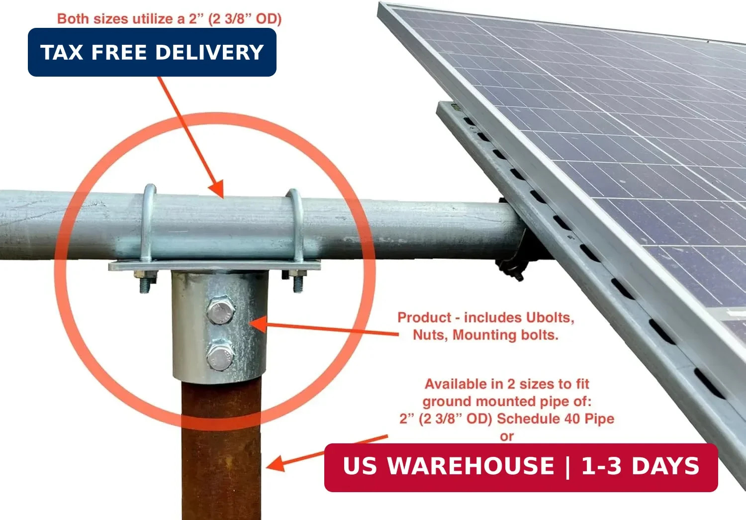 Solar Panel Array Ground Mounting Bracket for 2.5″ (2 7/8″ OD) Pipe or Pole Moun