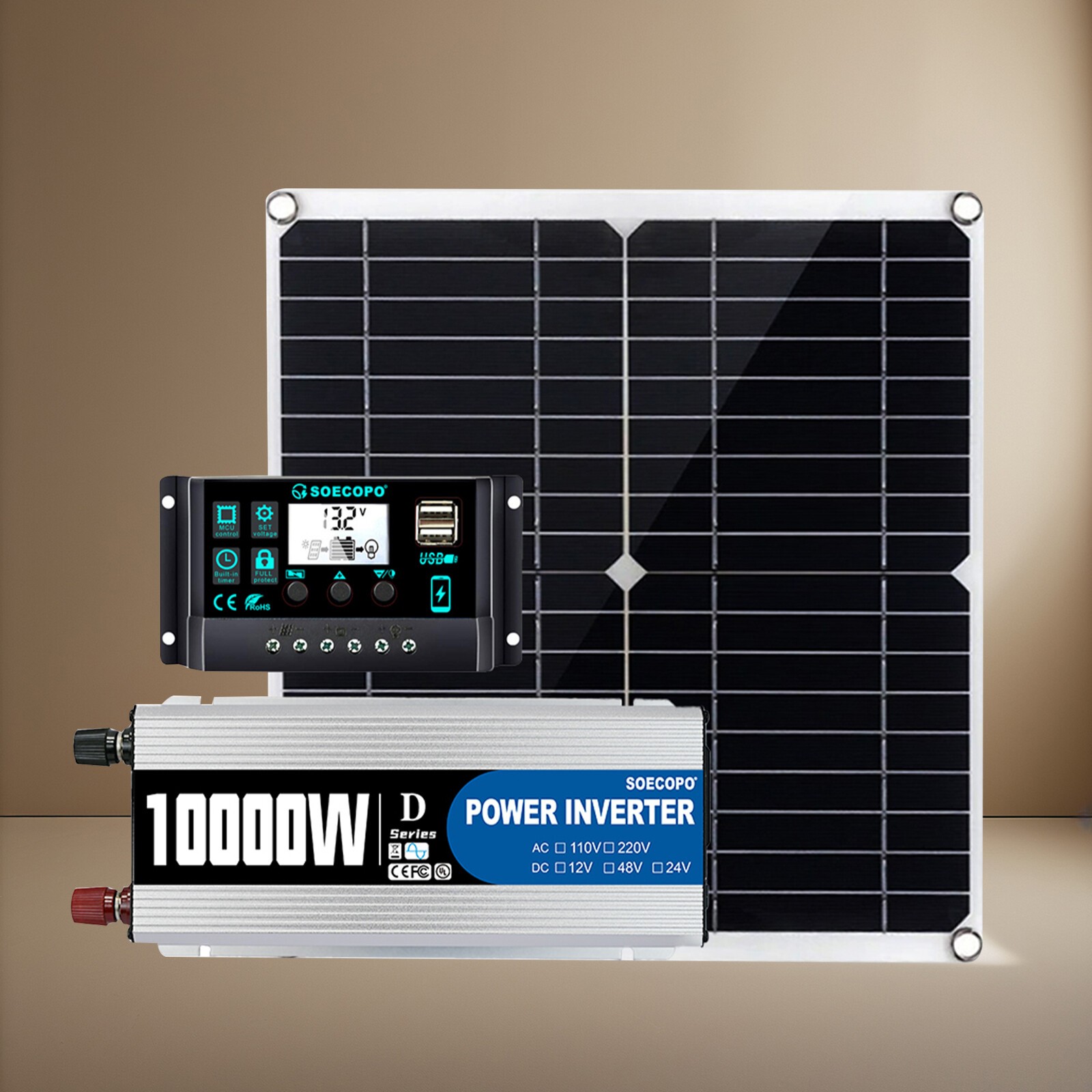 10000W Solar System Complete Set Dual USB Inverter 220V 300W Solar Panel 100AE2