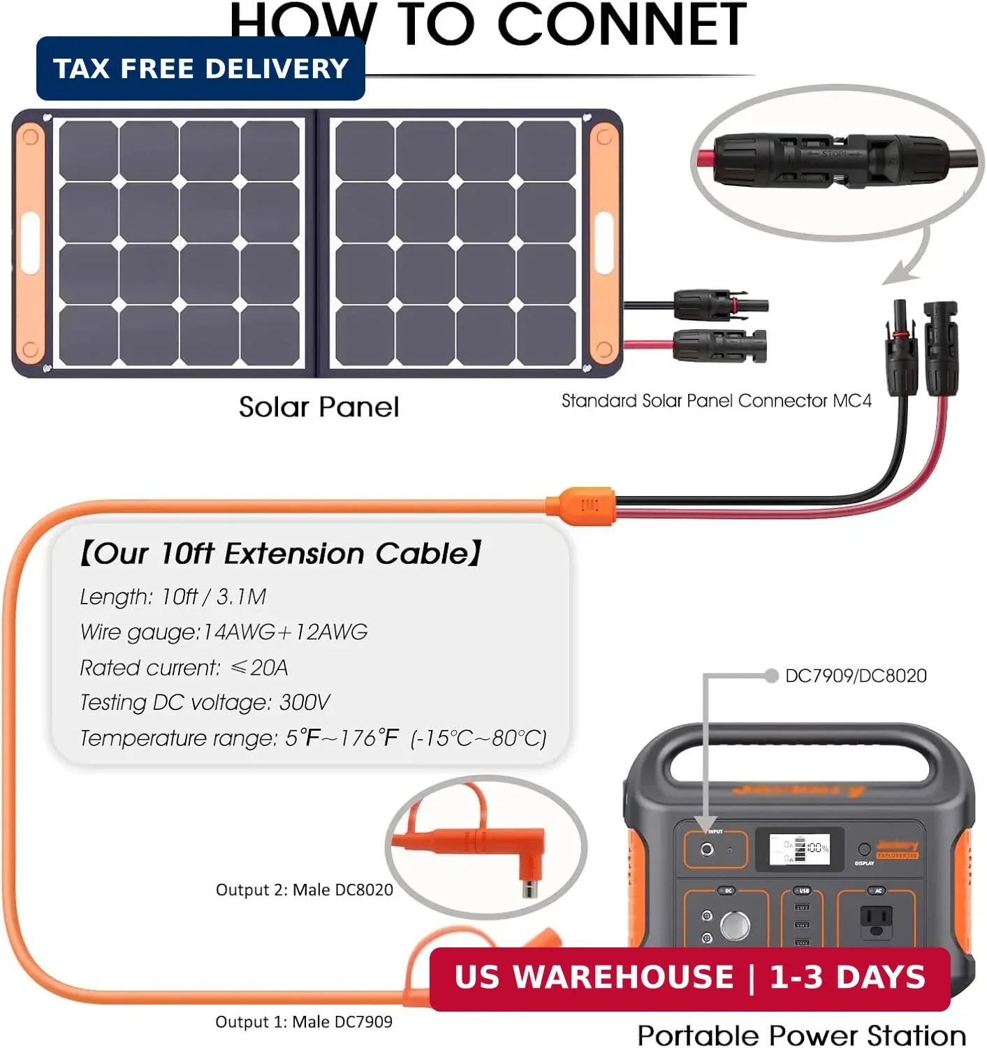 10FT MC4 to 8mm Adapter Cable for Jackery | Universal Solar Panel Connector and